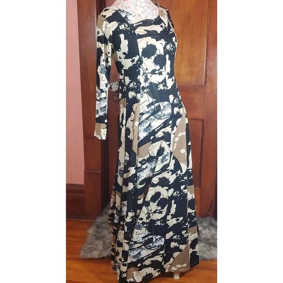 Handmade S Long Sleeve Round Neck Abstract Print Maxi Dress Brown Black Cream - Picture 8 of 9